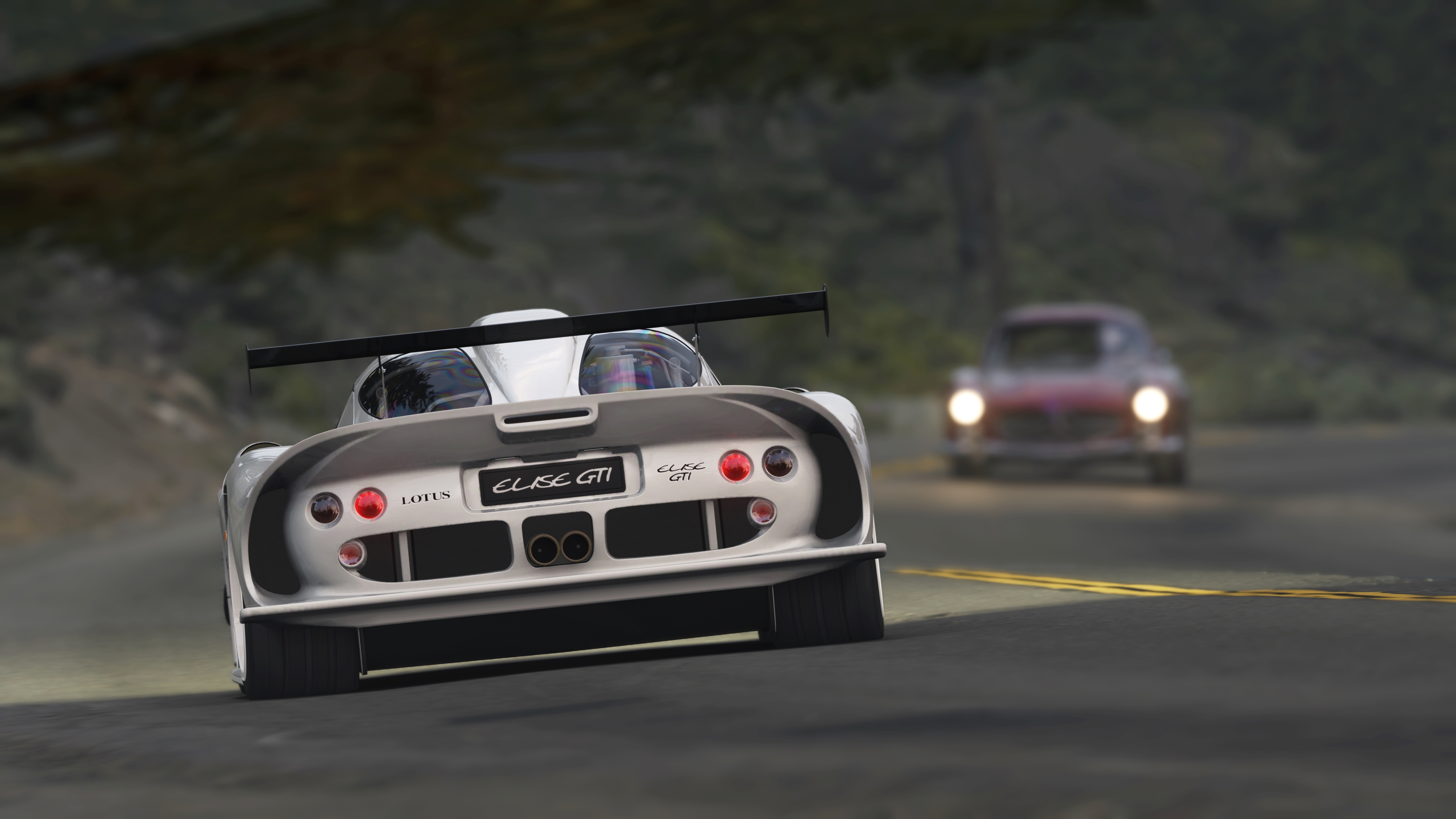 A close-up screenshot of a Lotus Elise GT1 entering a corner on Alpine Meadows Rd. an Assetto Corsa track mod by Real Sim Roads as a Mercedes-Benz 300SL approaches from the other direction as oncoming AI traffic.