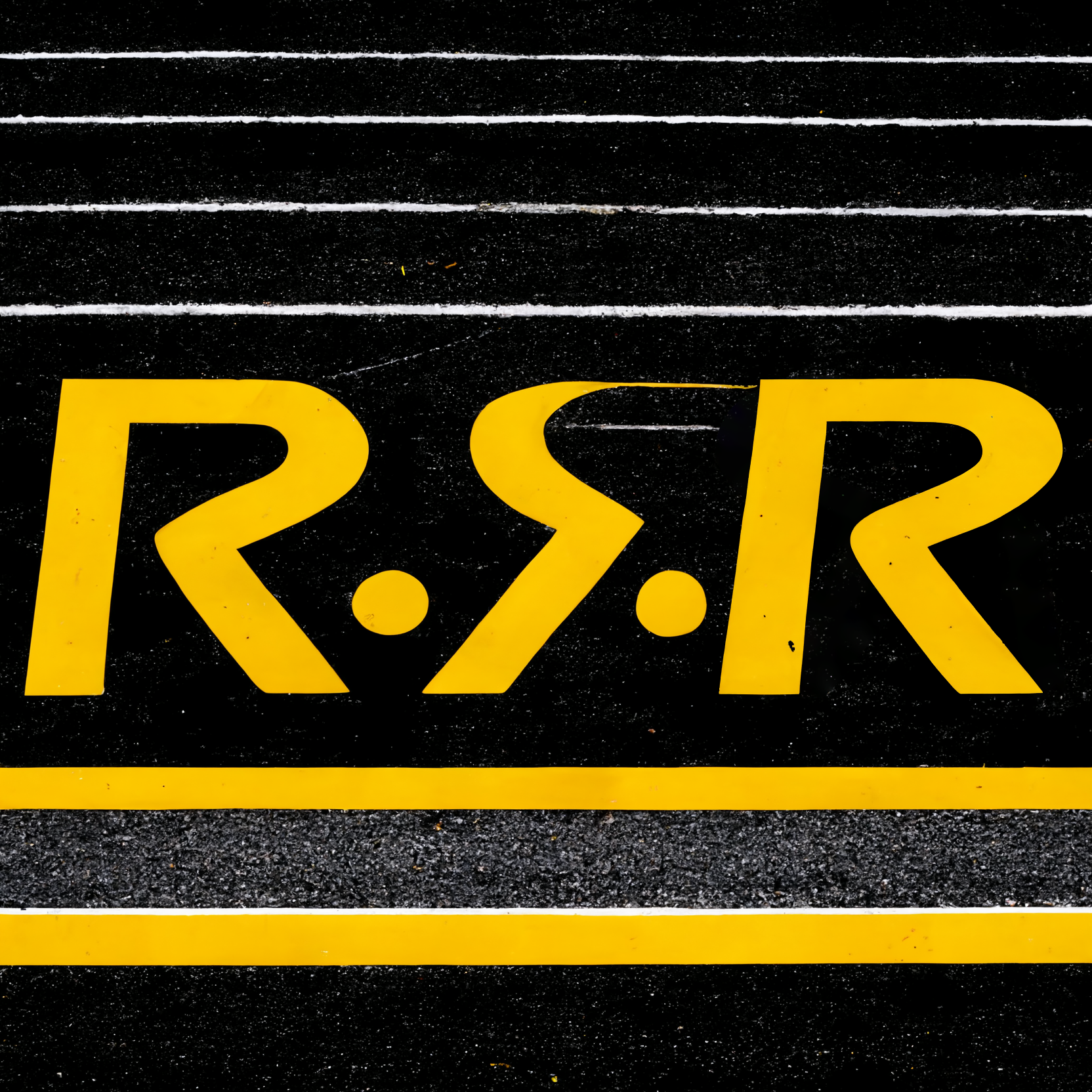 A small logo for Real Sim Roads with the letters RSR in yellow looking like painted lines on a road.