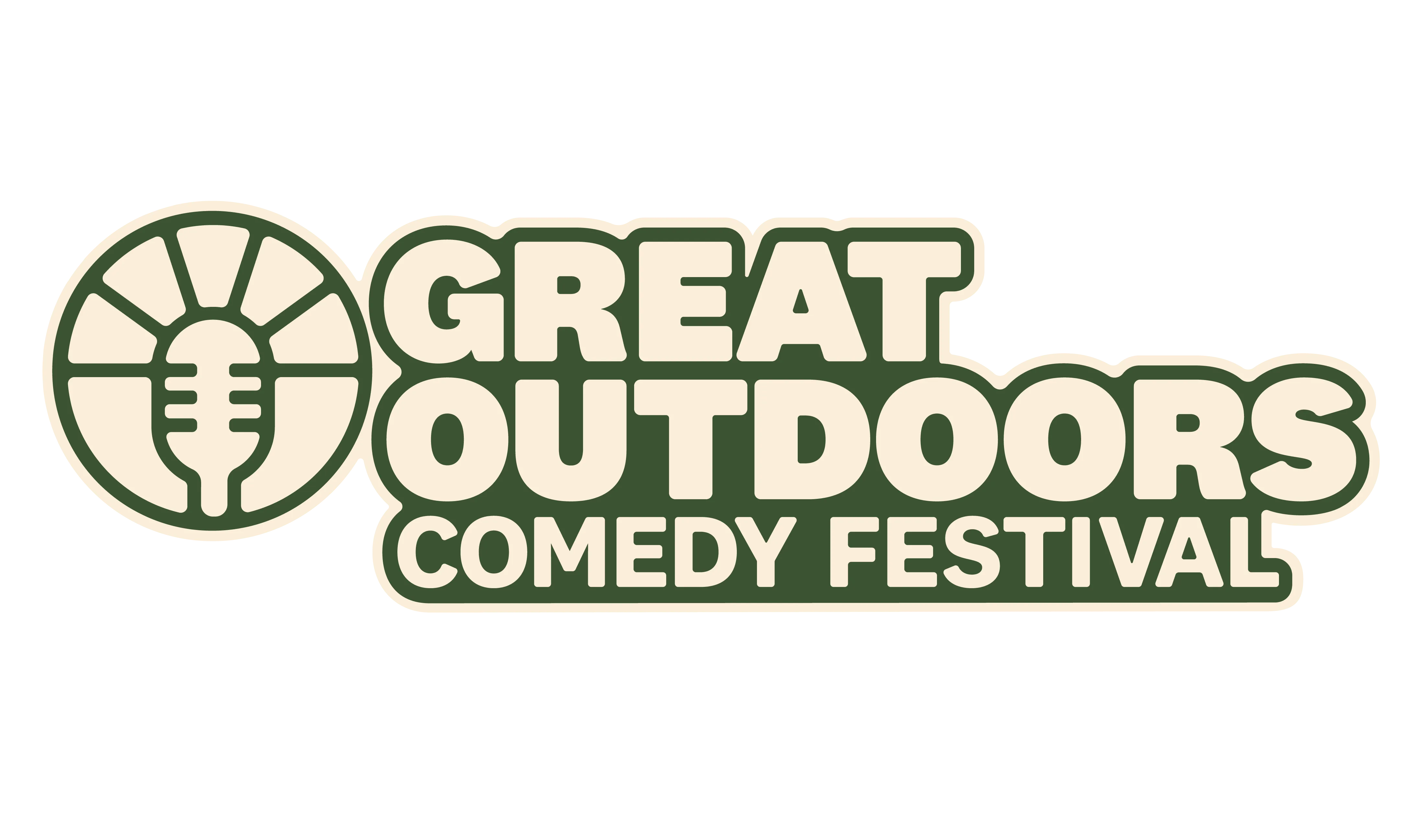 Patch with pine trees and tent design featuring the text 'the Great Outdoors Comedy Festival'.