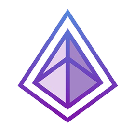 Purple and blue geometric prism icon with overlapping triangular outlines.