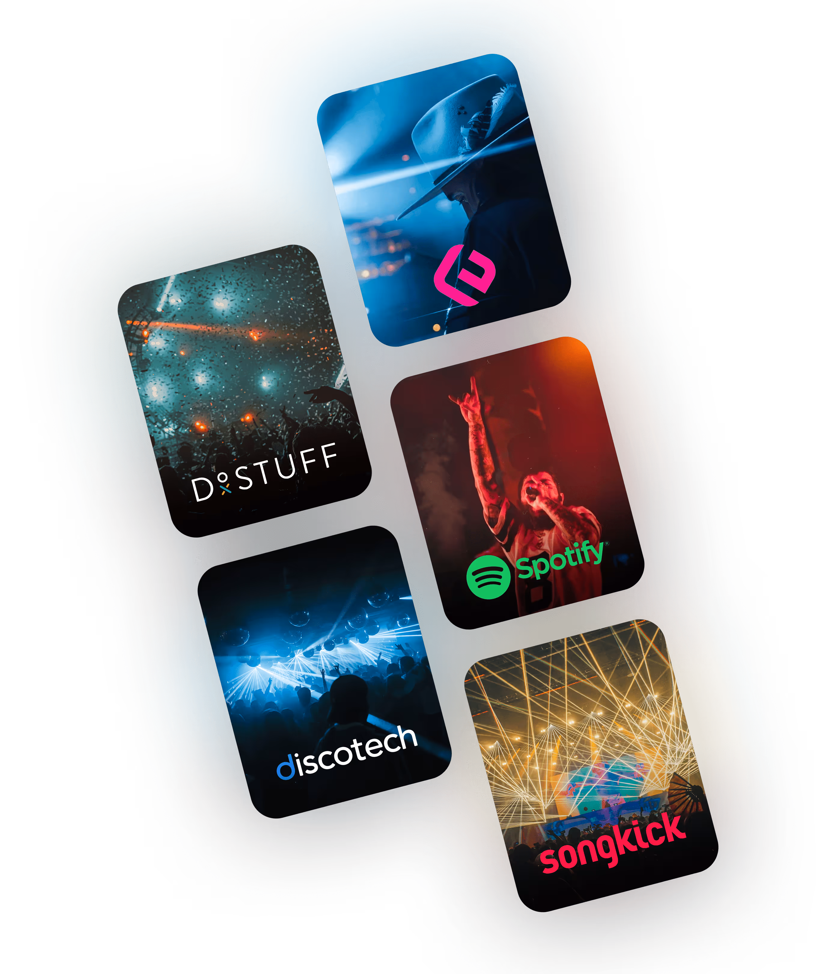 Collage of five music-related images featuring logos of DoStuff Media, Spotify, Discotech, Songkick, and EDMtrain.