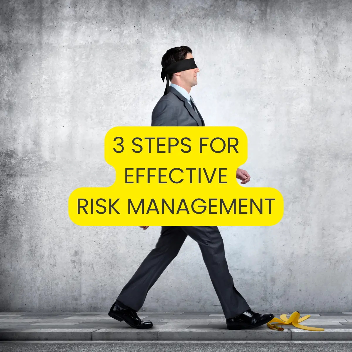 A blindfolded businessman about to step on a banana, illustrating the risks in business