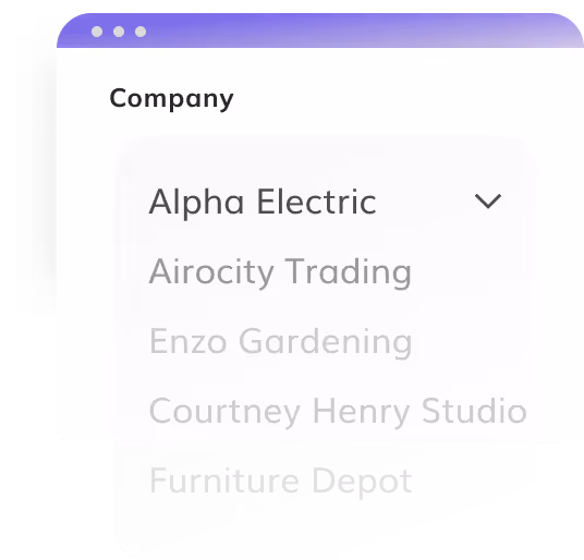 Multi-entity company selection menu in Eleven's accounting software for family office, showing a centralized dropdown for managing diverse portfolios and investment vehicles like Alpha Electric.
