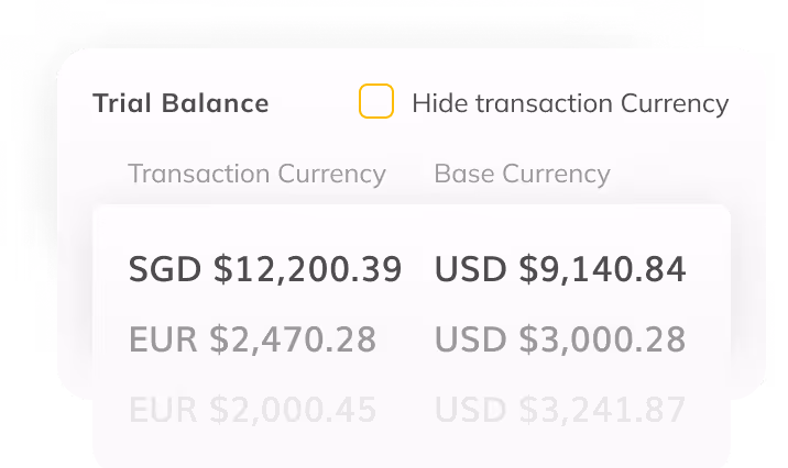 Multi-currency trial balance view in Eleven's accounting software for family office, displaying automated conversions from SGD and EUR transaction currencies into a USD base currency for global asset reporting.