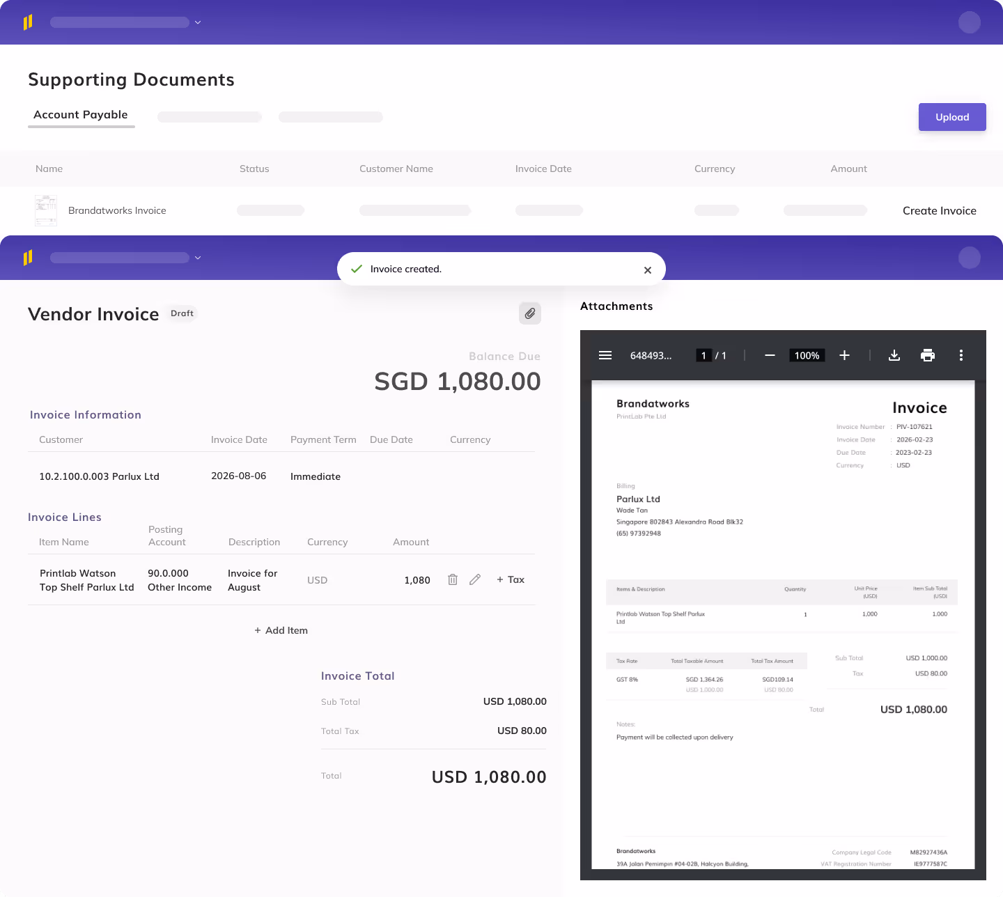 Eleven accounting software for accounting firms showing a side-by-side view of a vendor invoice and its digital attachment for precise data reconciliation.