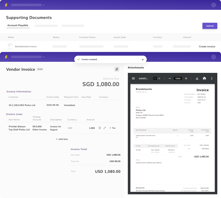 Eleven accounting software for accounting firms showing a side-by-side view of a vendor invoice and its digital attachment for precise data reconciliation.