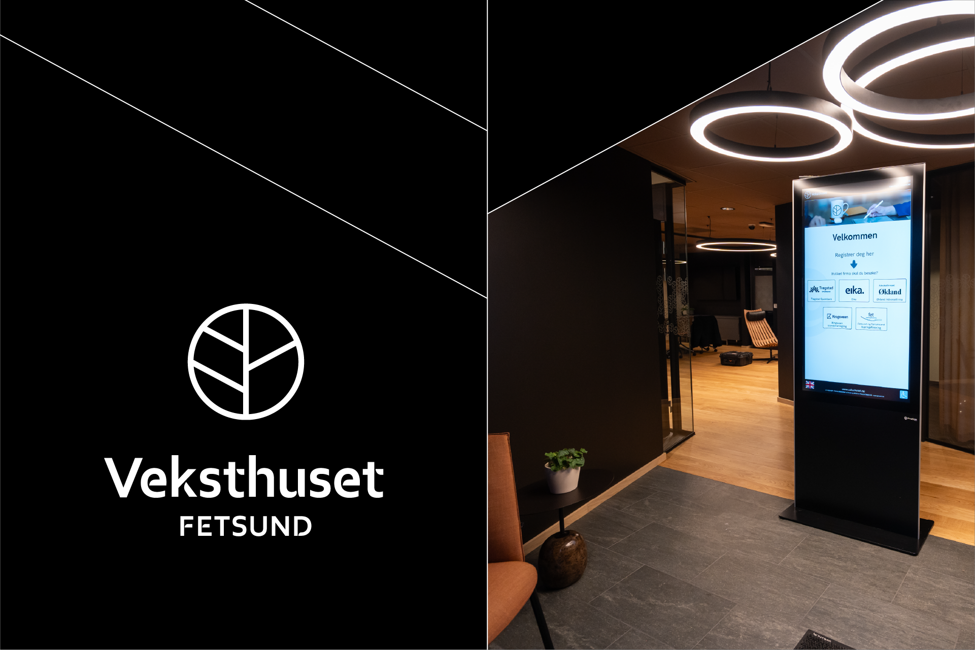 Mottaksområde med digital informasjonsskjerm og moderne hengekonsollamper i et kontorbygg.