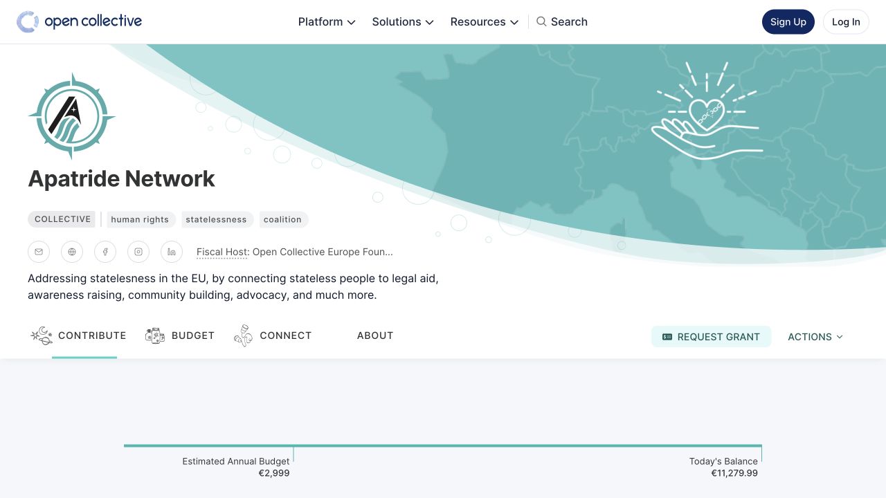 Apatride Network on Open Collective, showing its collective page and navigation for contributions, budget and updates.