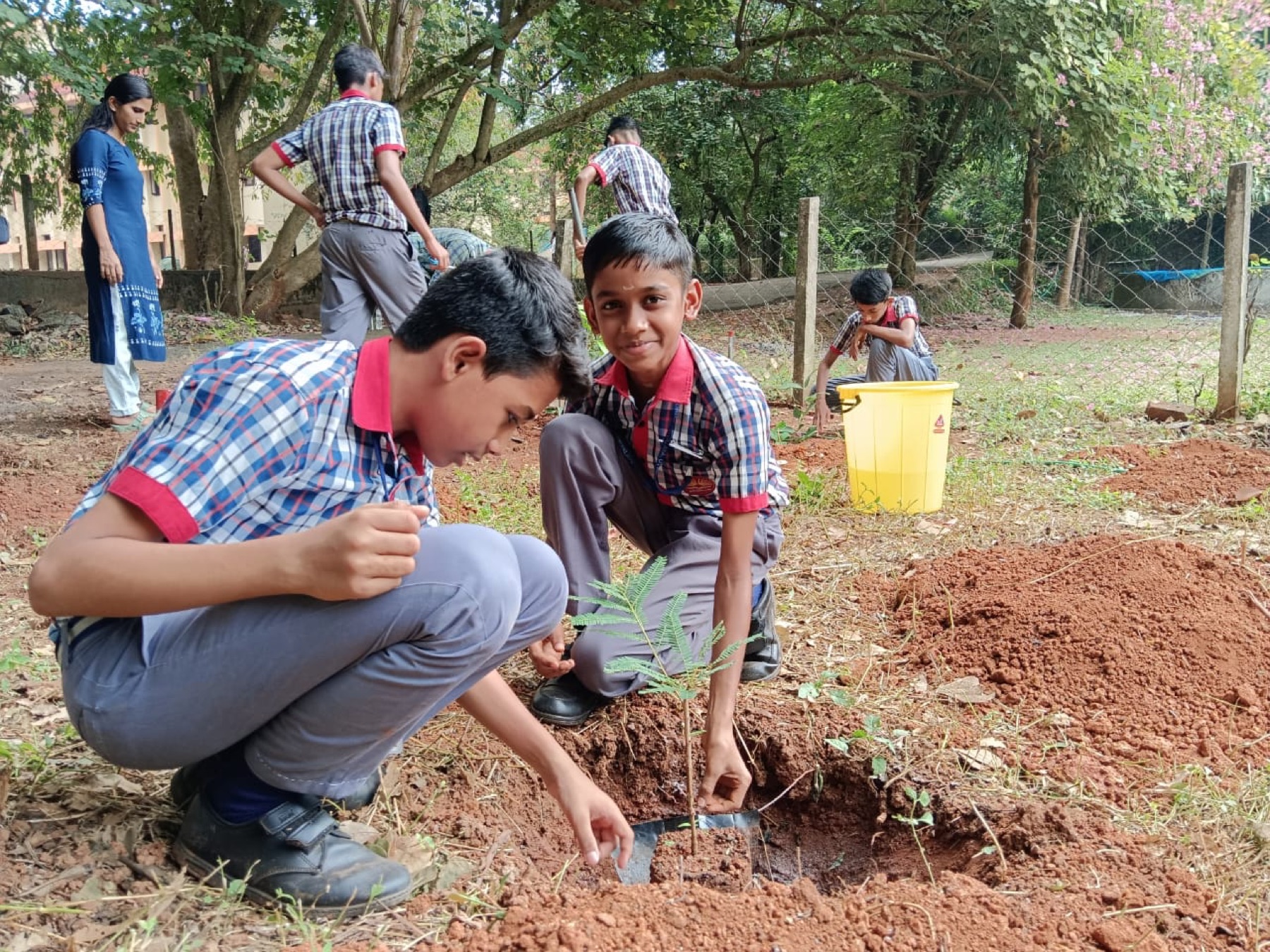 Young Green Kerala Volunteers participants plant a sapling together.