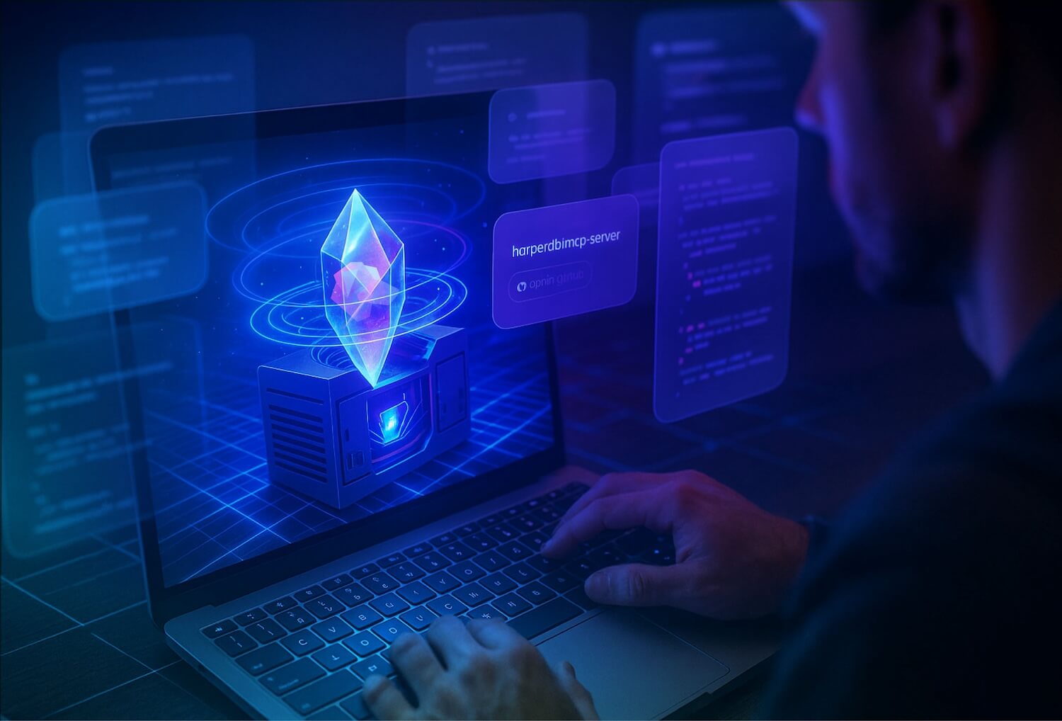 A glowing Harper crystal core atop a server inside a laptop 