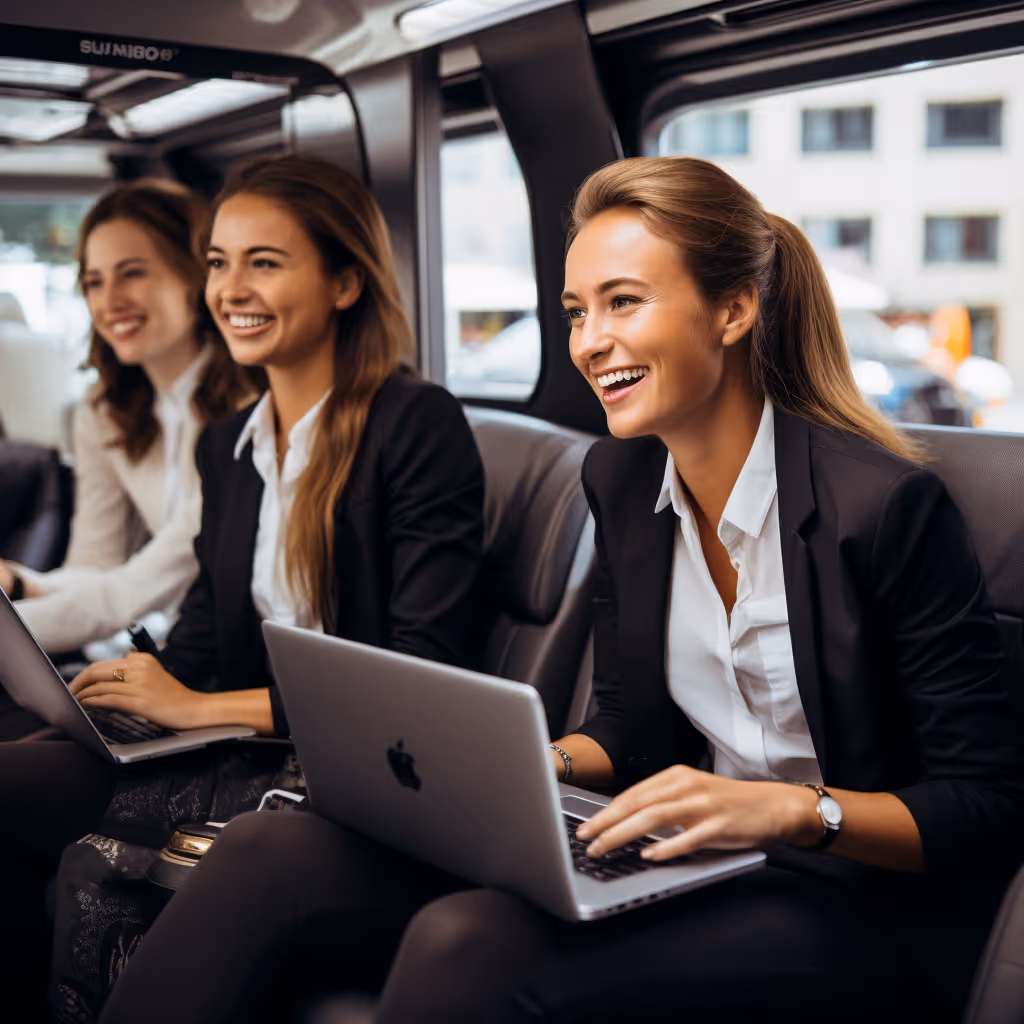 Three employees working comfortably on their laptops inside a modern corporate shuttle, representing the benefits of digital booking, comfort features, and Wi-Fi access.