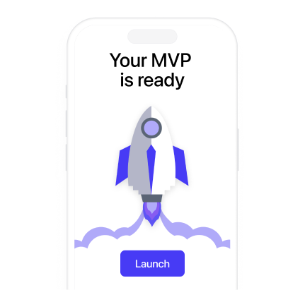 Mobile app MVP launch illustration with rocket inside smartphone, representing fast Flutter and Swift development