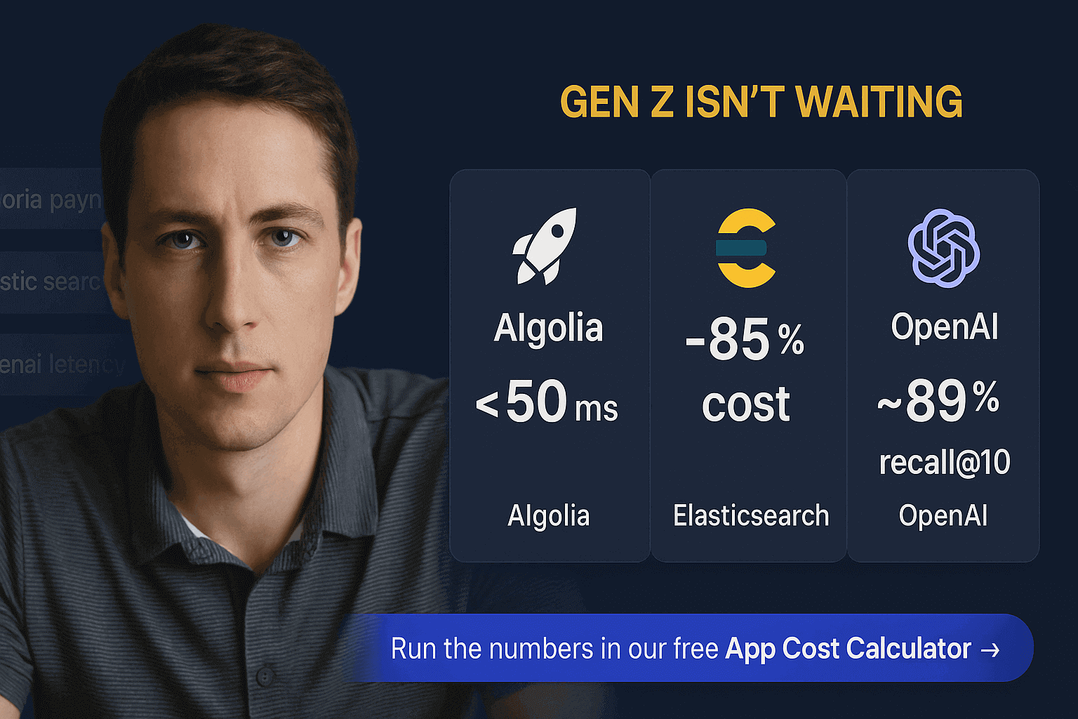 Gen Z startup founder beside dashboard comparing Algolia, Elasticsearch and OpenAI search engines on speed, cost and accuracy