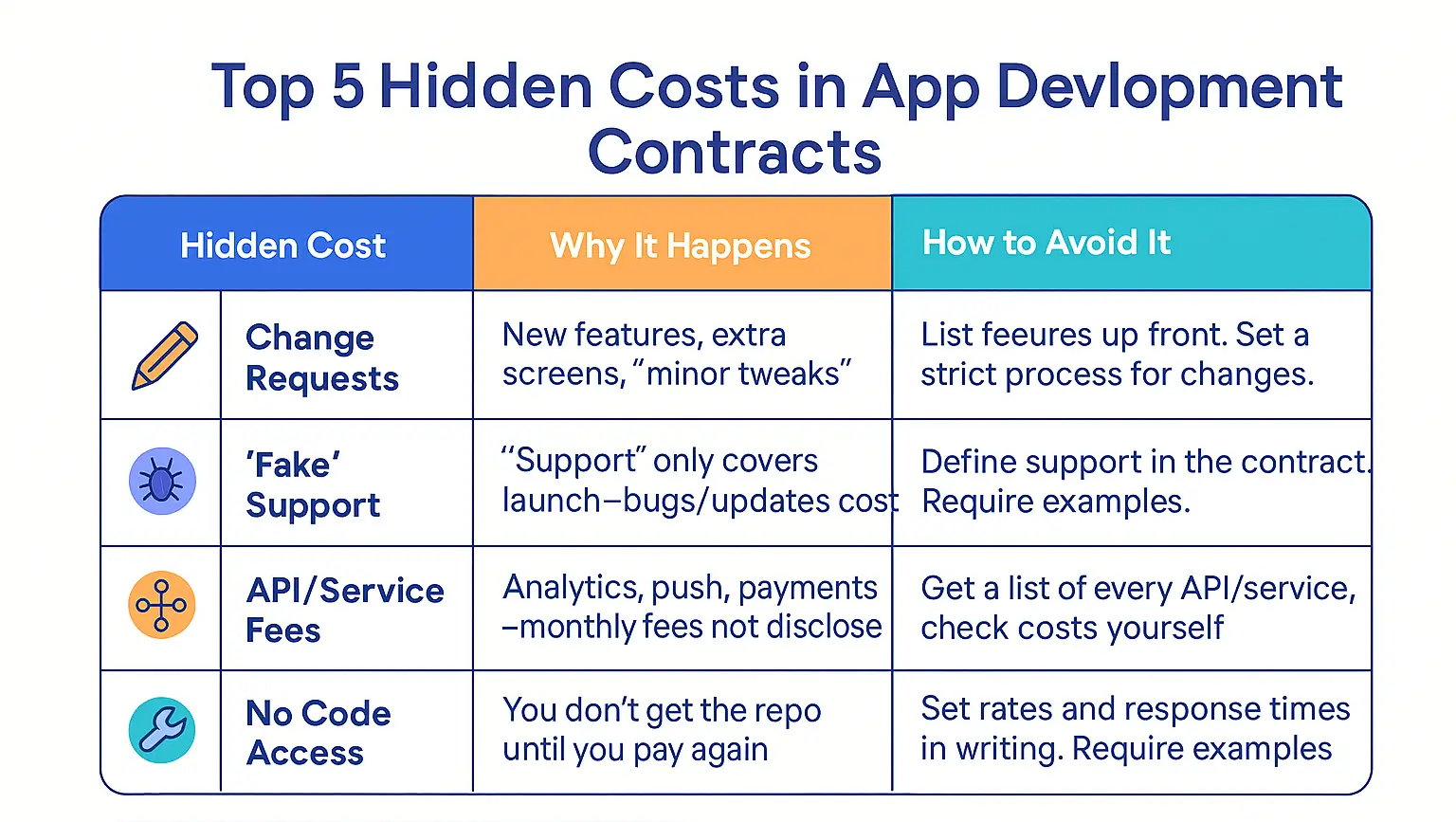Infographic table showing the top 5 hidden costs in app development contracts, with advice on how to avoid each.