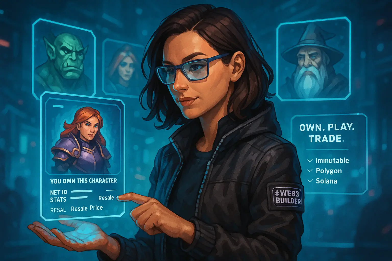 A young female founder interacts with NFT characters using a holographic interface, showing asset ownership in blockchain gaming. Ideal visual for explaining Web3 game mechanics in 2025.