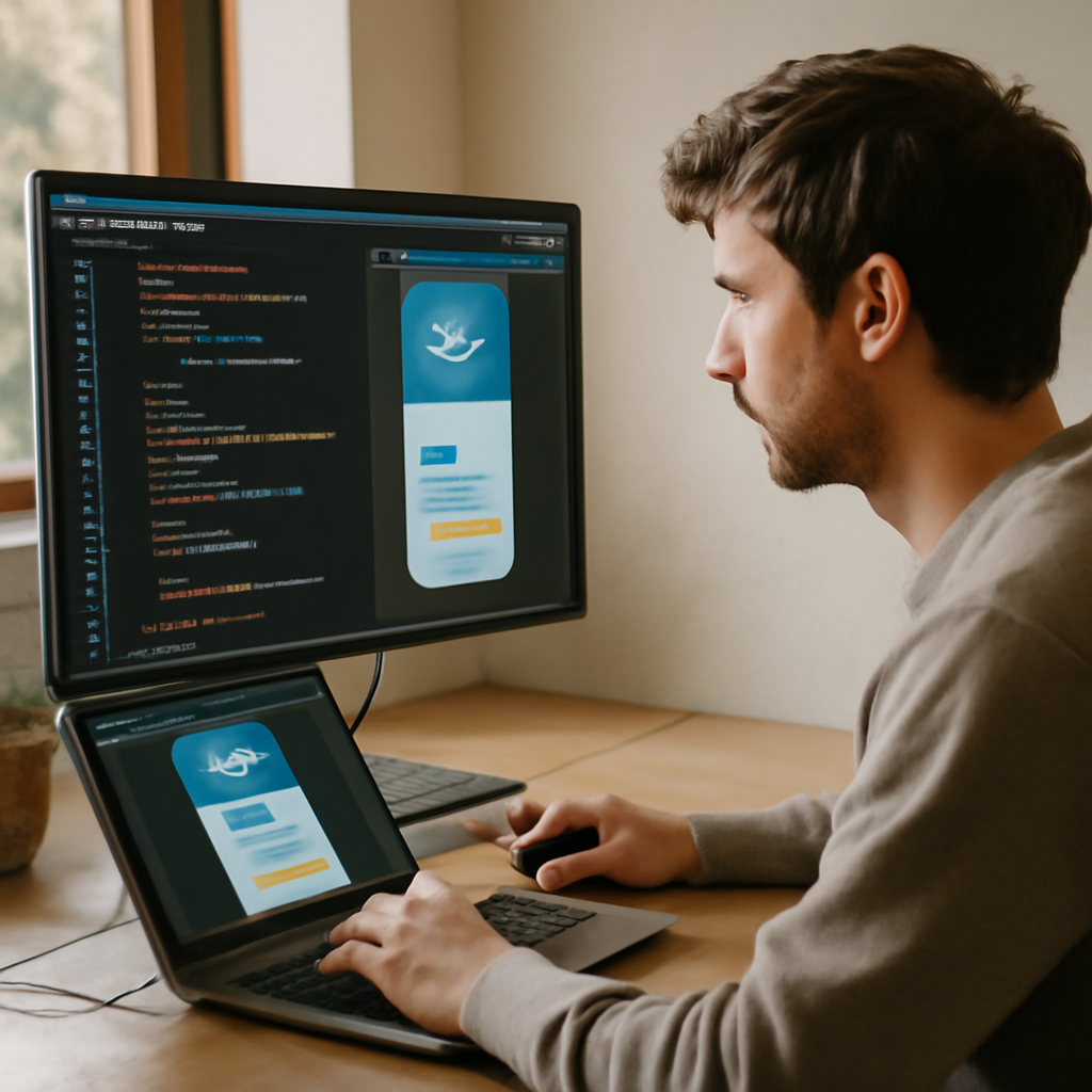 Flutter app development process showing widgets and hot reload feature