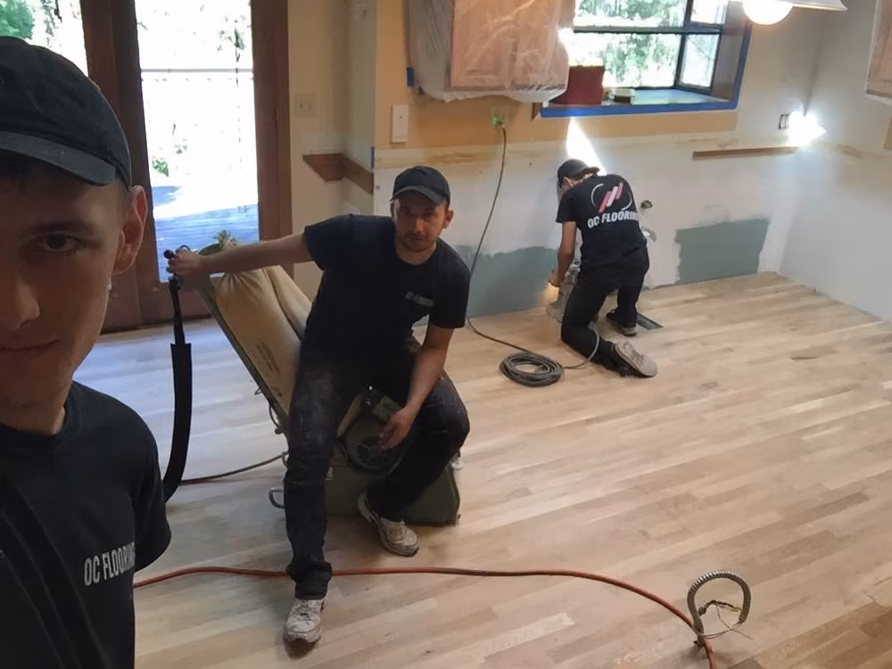 Hardwood floor installation in progress