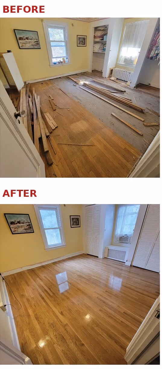 Before and after of a hardwood floor refinished by OC Flooring in Kirkland, WA