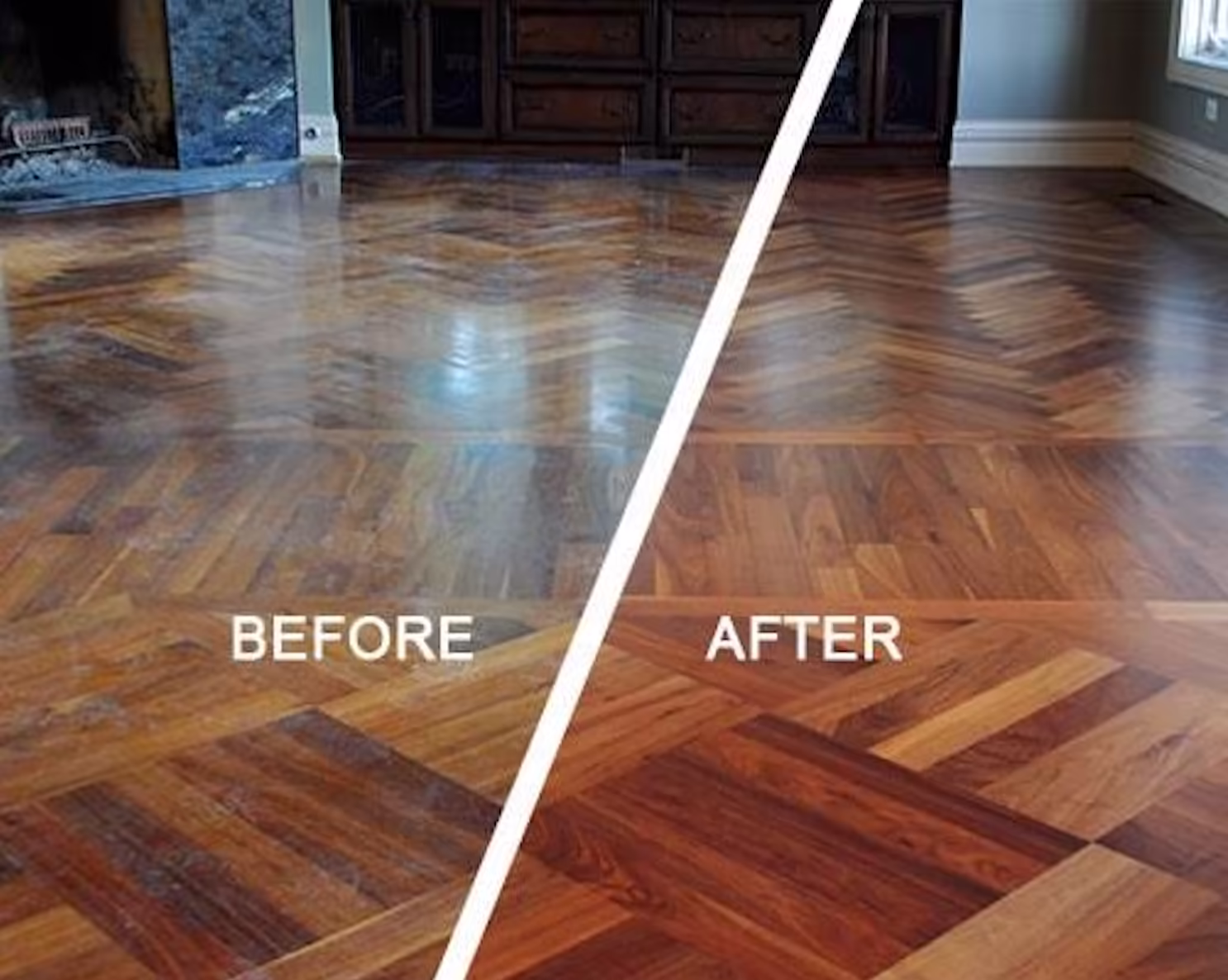 Before and after of a parquet hardwood floor in Seattle: dull, cloudy, worn finish on the left and the same floor sanded and refinished on the right