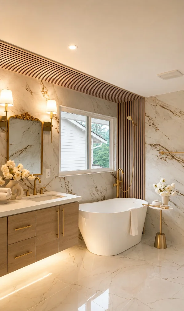 Newly tiled walk-in shower with large-format porcelain in a Monroe, WA home