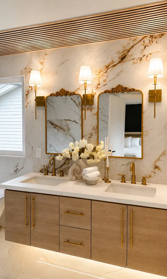 Bathroom vanity wall clad in gold-veined marble-look porcelain slab