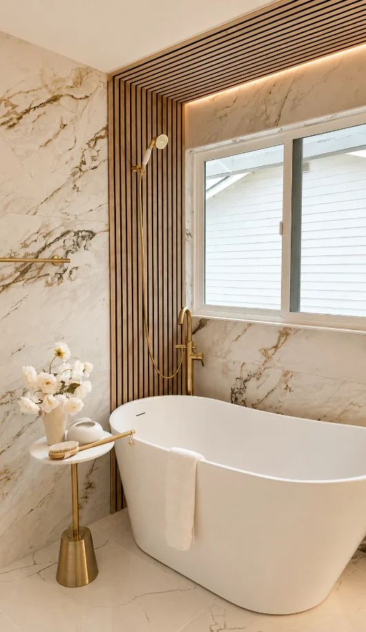 Freestanding tub against marble-look porcelain slab walls and a wood slat panel