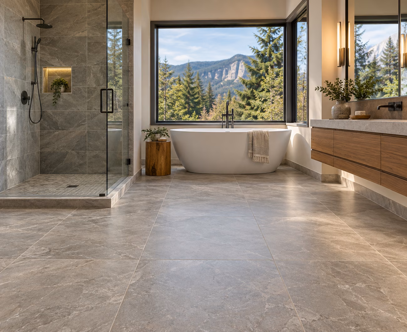 Porcelain tile flooring in a Snoqualmie-inspired home interior