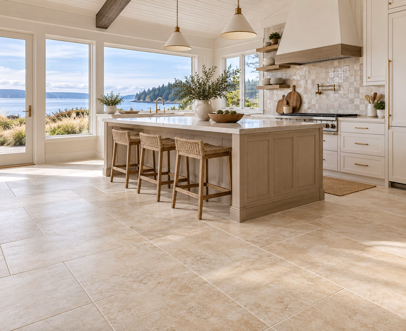Porcelain tile flooring in a Whidbey Island-inspired home interior