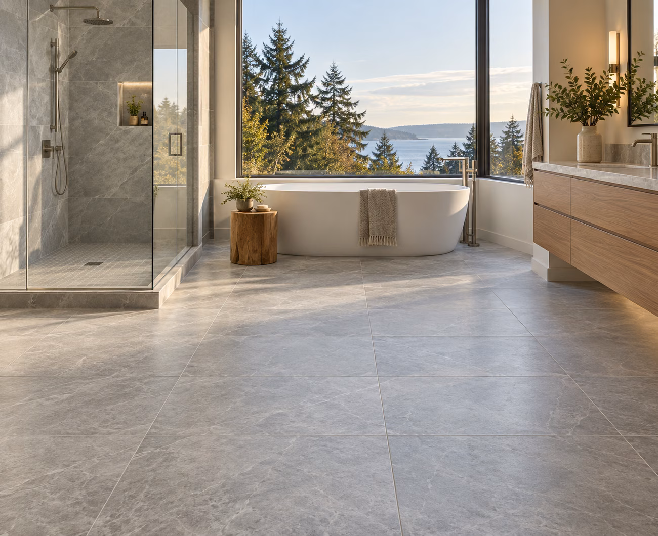 Porcelain tile flooring in a Mukilteo-inspired home interior