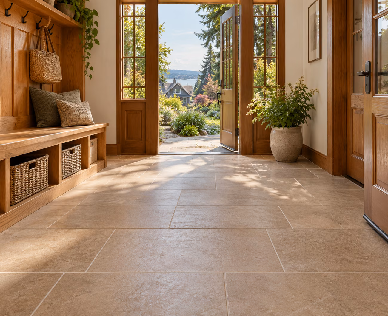 Porcelain tile flooring in a Everett-inspired home interior
