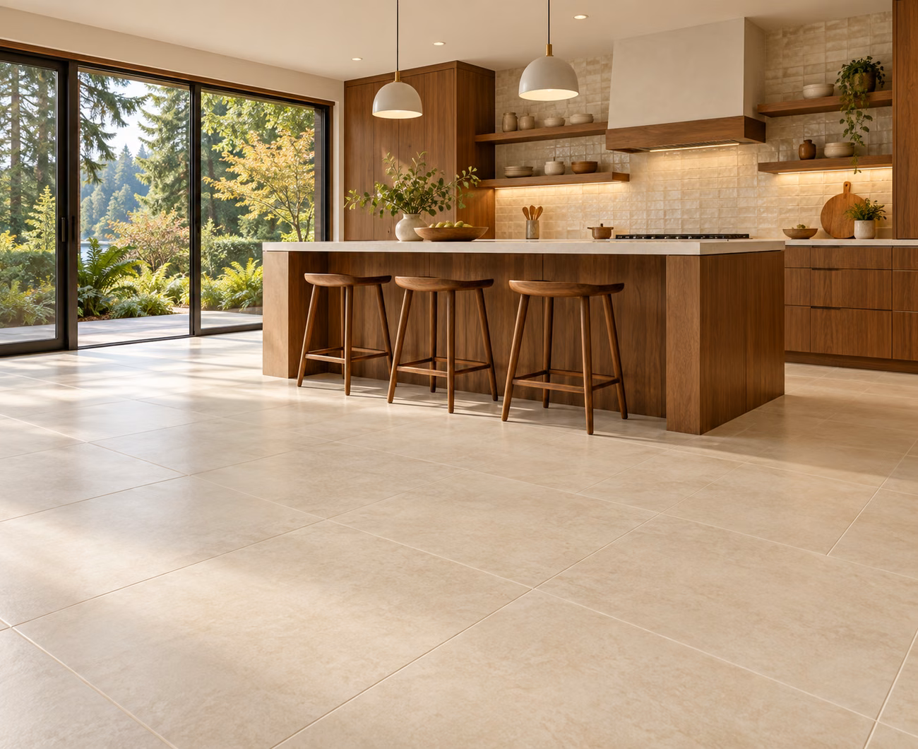 Porcelain tile flooring in a Kenmore-inspired home interior