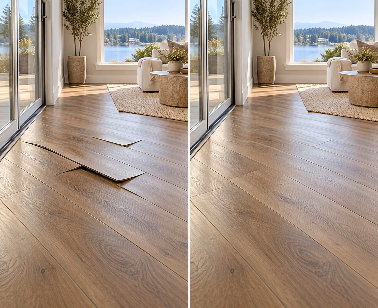 Before and after floor repair illustration for a Lake Stevens home