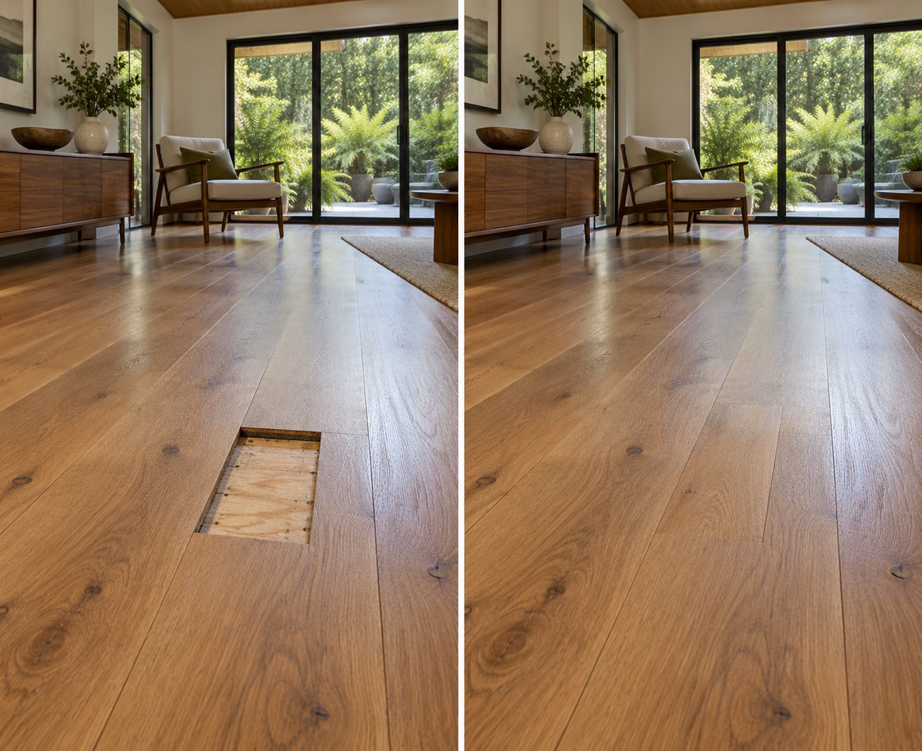 Before and after floor repair illustration for a Kenmore home