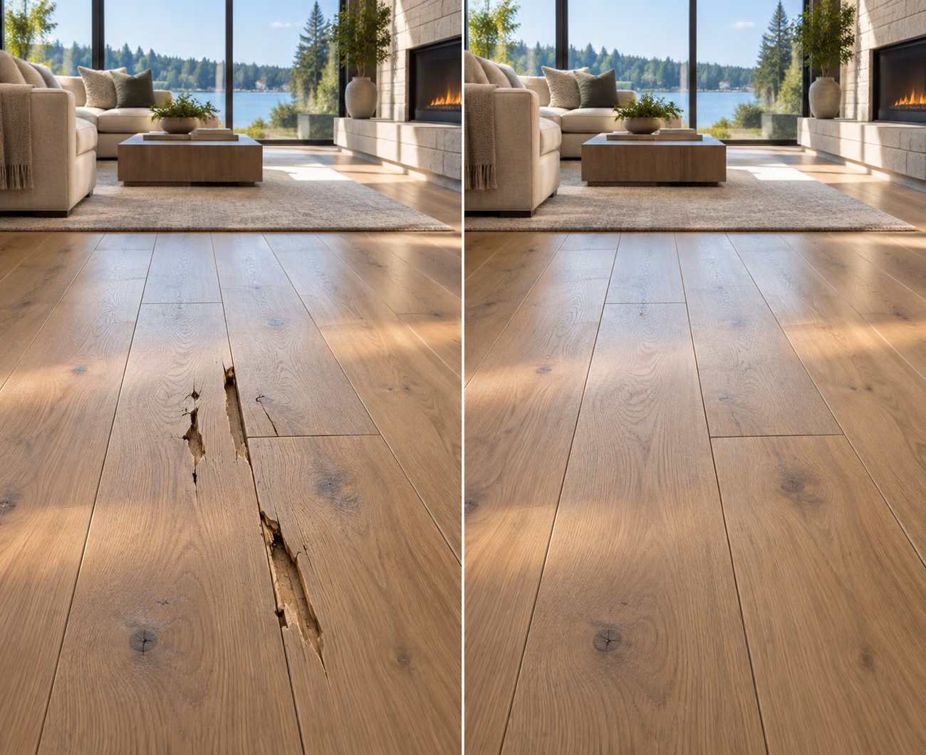 Before and after floor repair illustration for a Medina home
