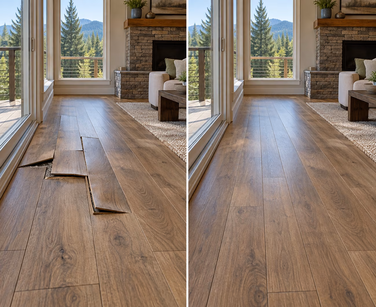 Before and after floor repair illustration for a Snoqualmie home