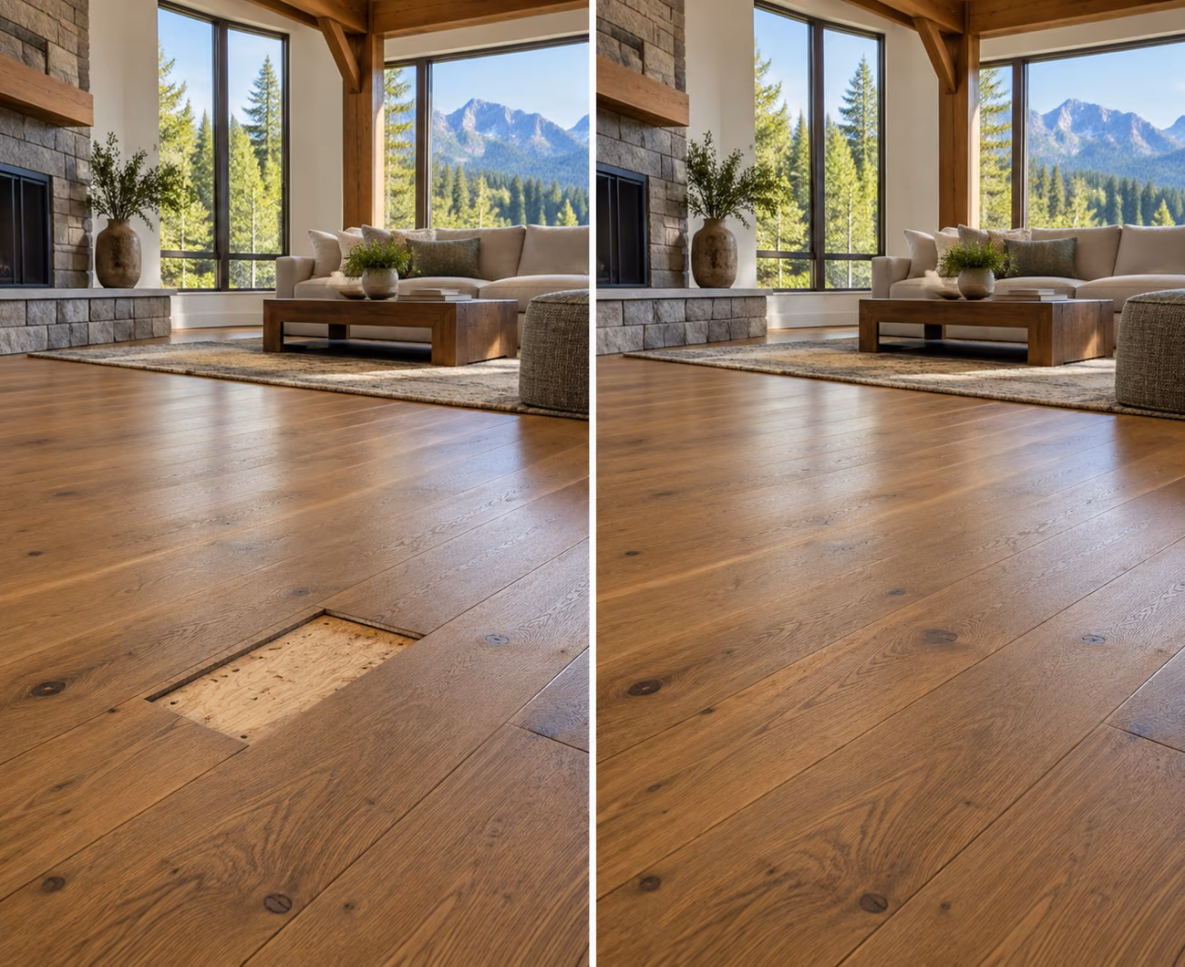 Before and after floor repair illustration for a North Bend home