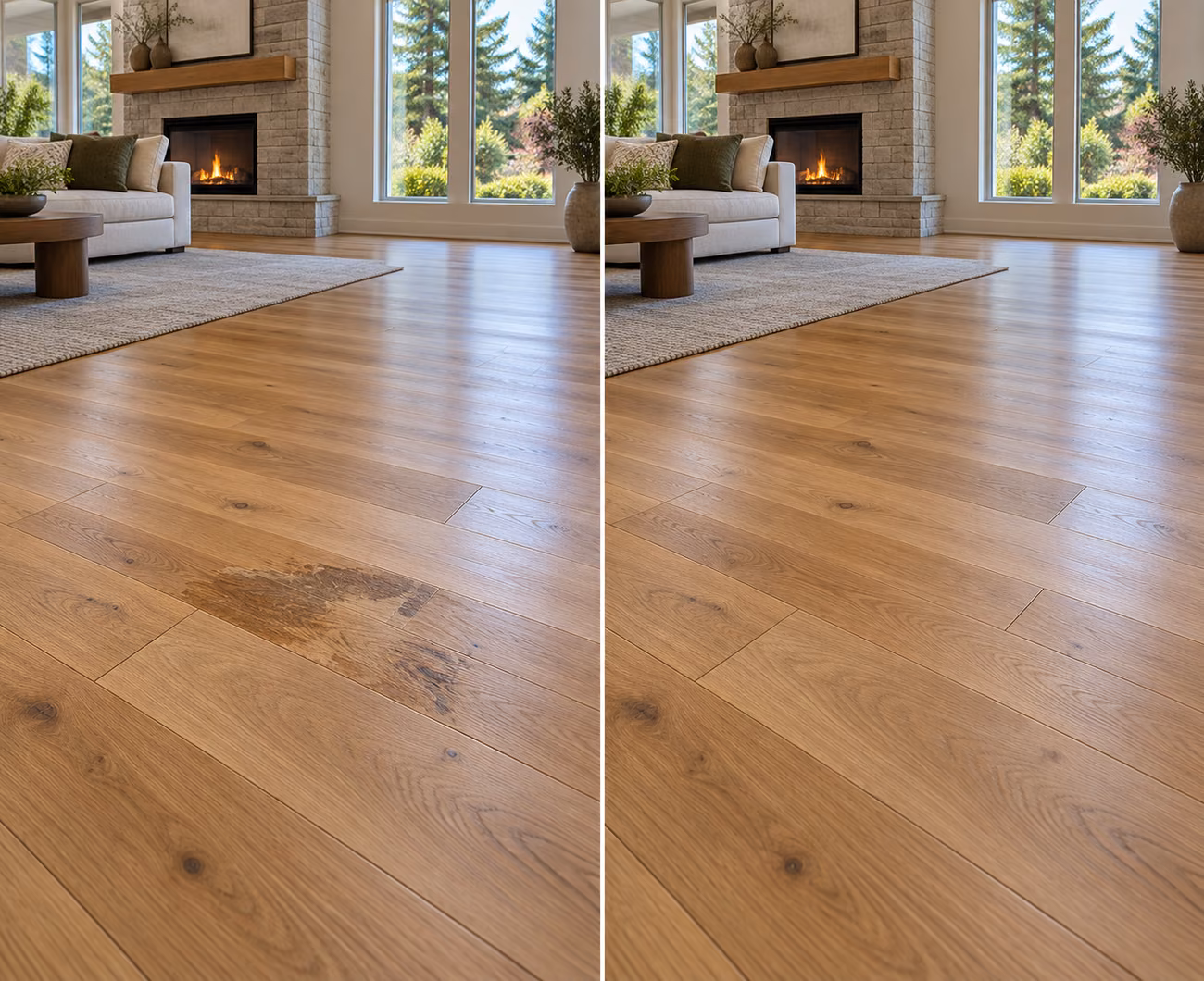 Before and after floor repair illustration for a Sammamish home
