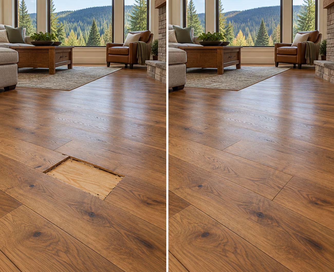 Before and after floor repair illustration for a Issaquah home