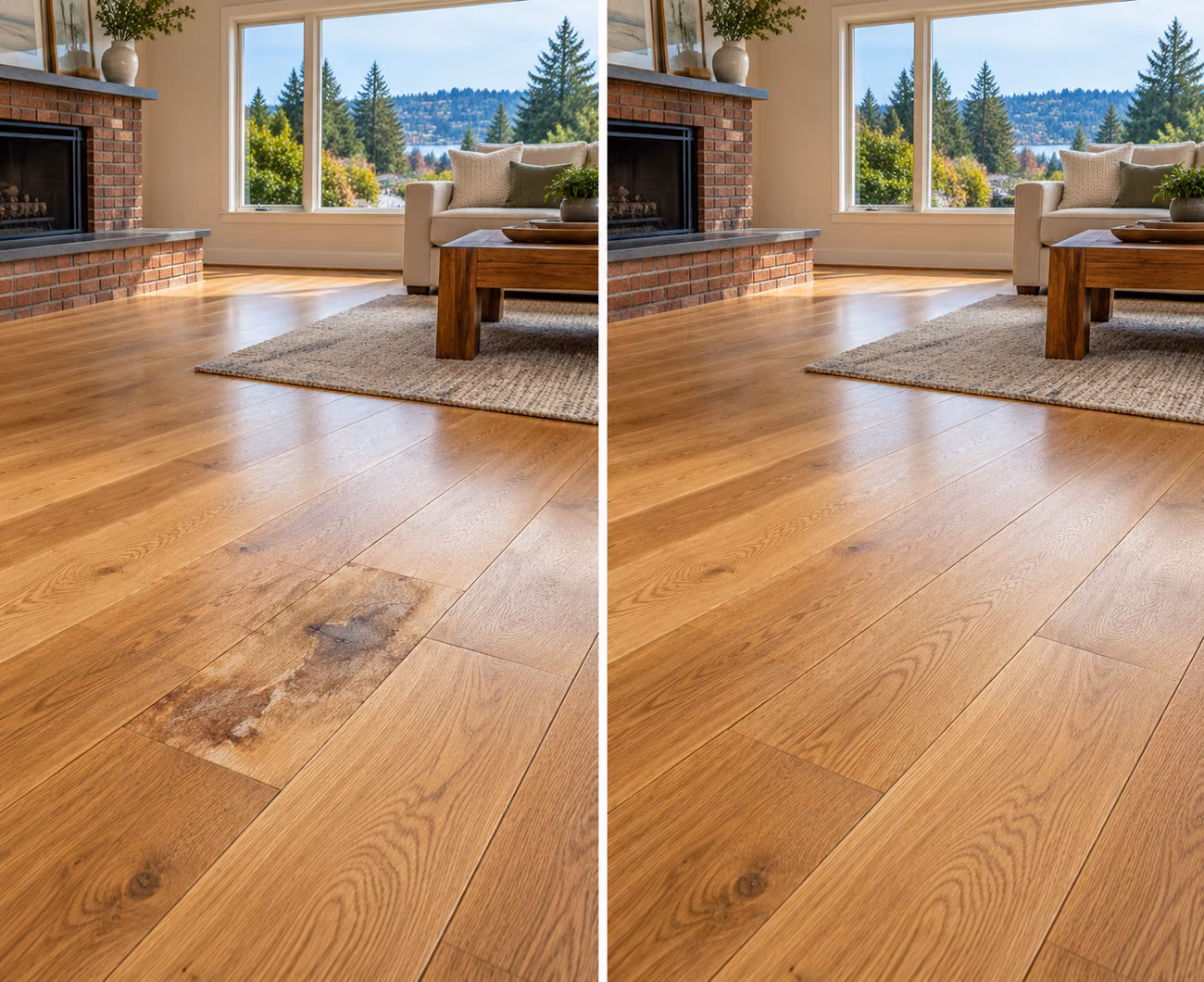 Before and after floor repair illustration for a Renton home