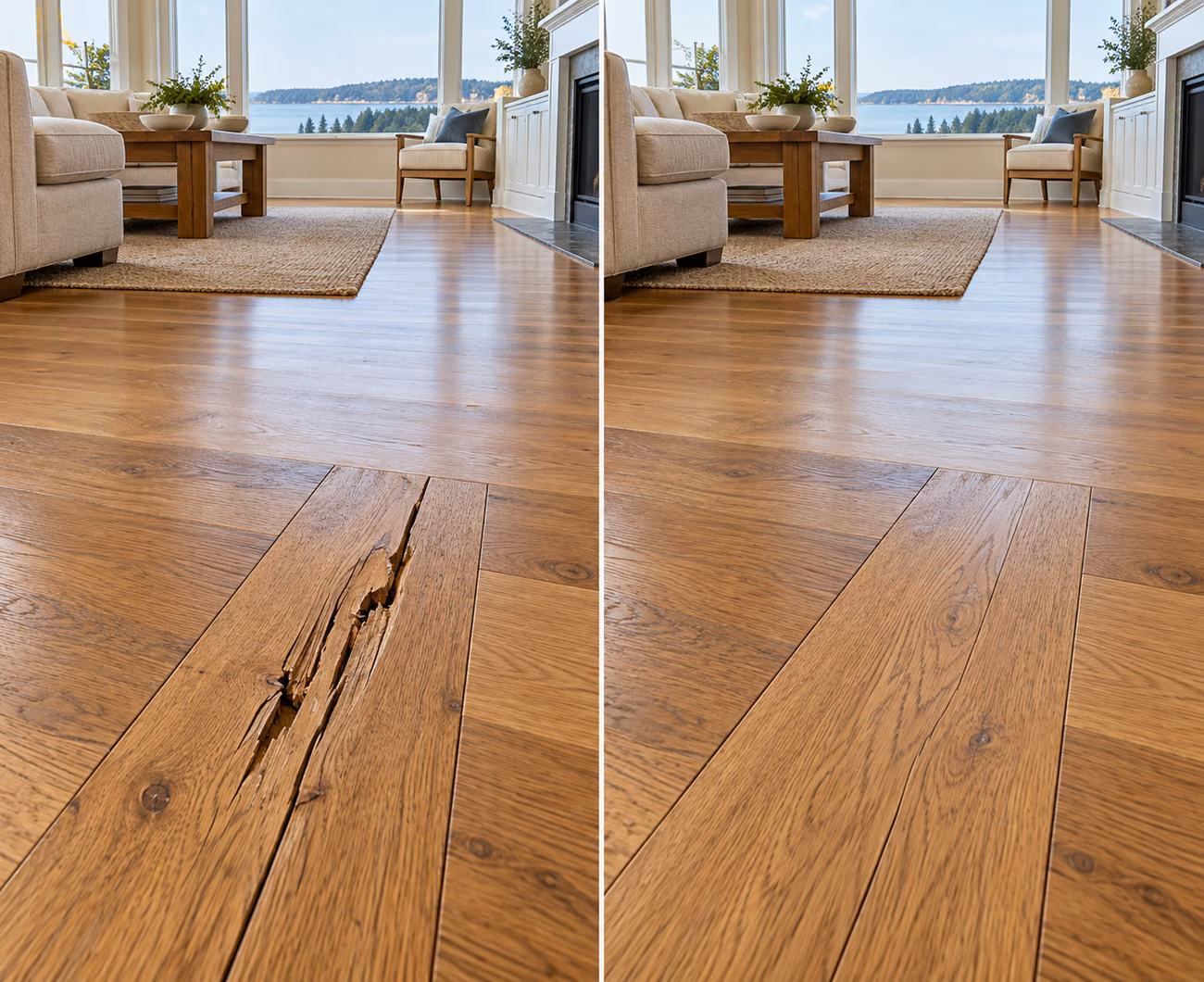 Before and after floor repair illustration for a Oak Harbor home