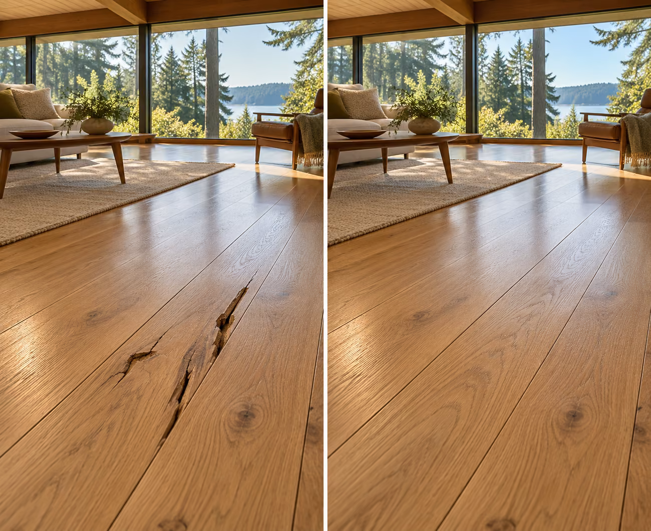 Before and after floor repair illustration for a Mercer Island home