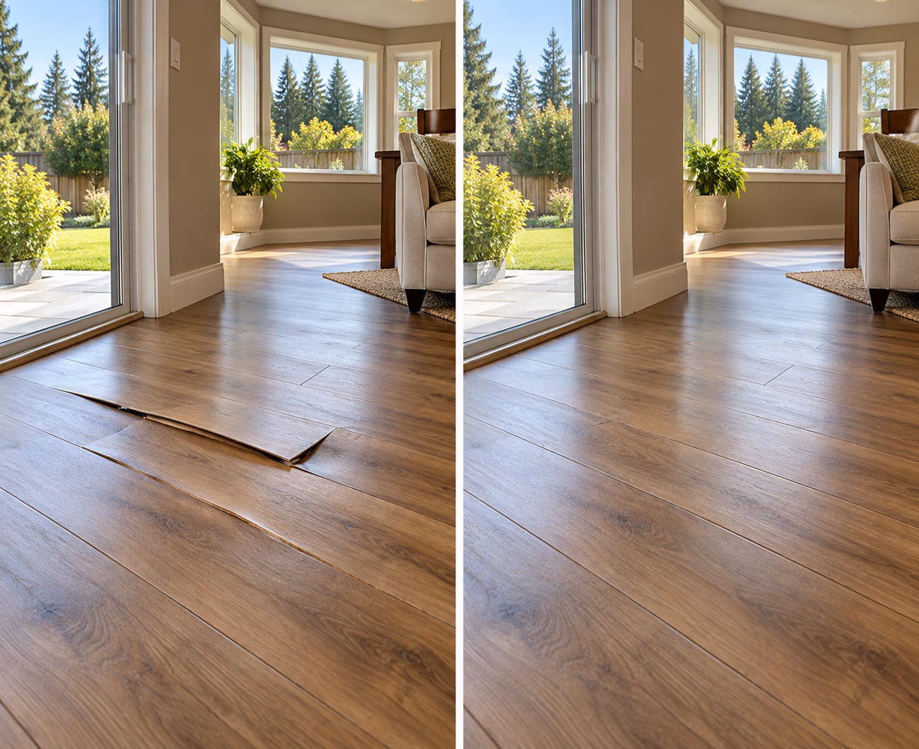 Before and after floor repair illustration for a Marysville home