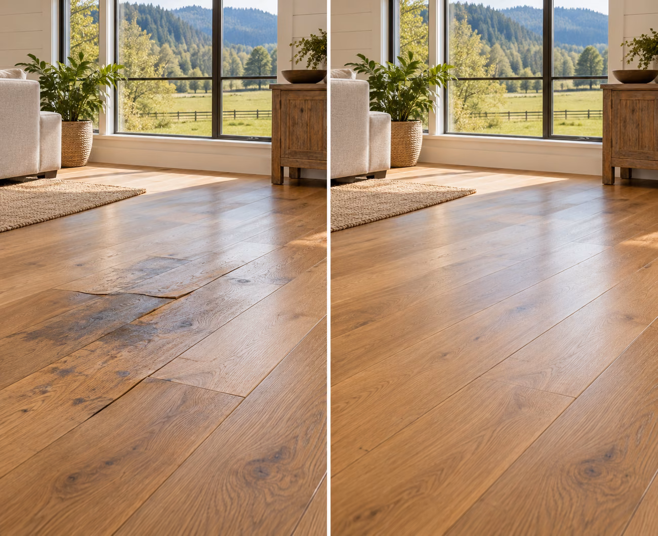 Before and after floor repair illustration for a Duvall home