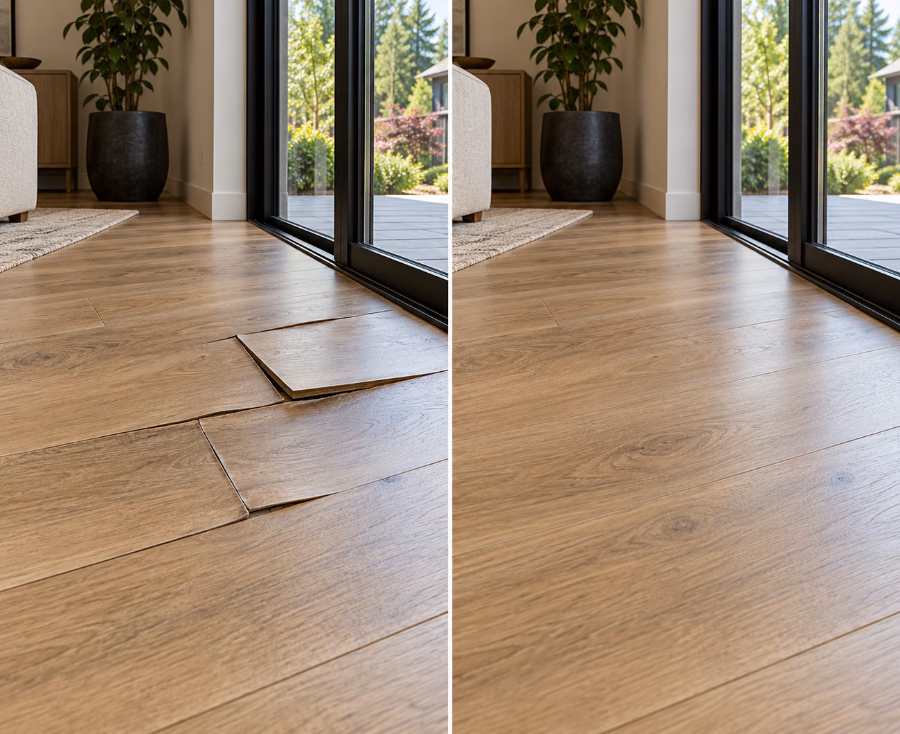 Before and after floor repair illustration for a Redmond home