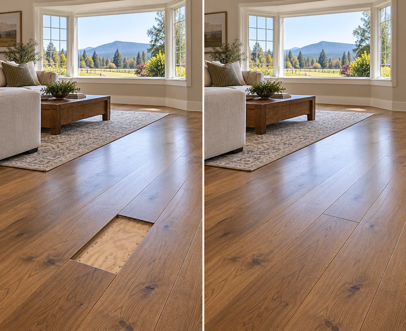 Before and after floor repair illustration for a Monroe home
