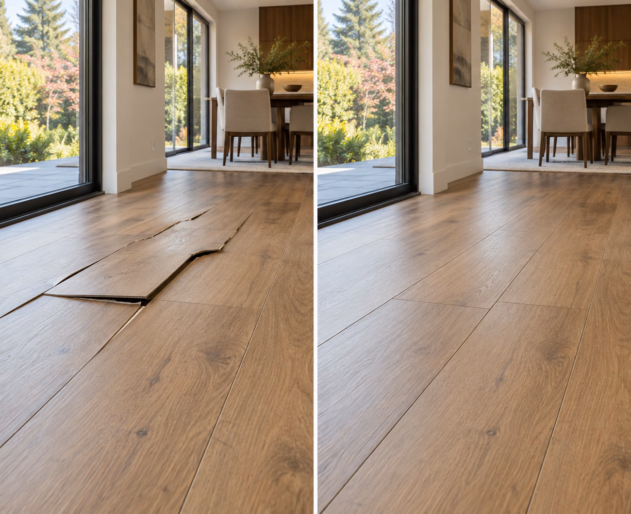 Before and after floor repair illustration for a Bellevue home