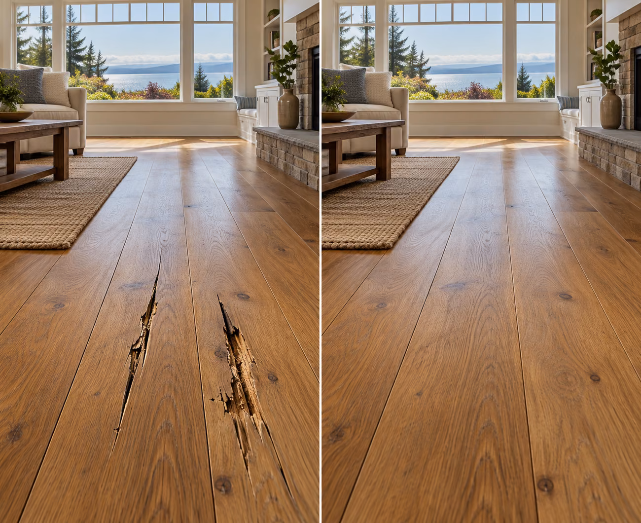 Before and after floor repair illustration for a Edmonds home
