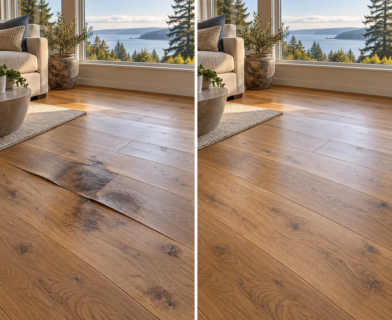 Before and after floor repair illustration for a Mukilteo home