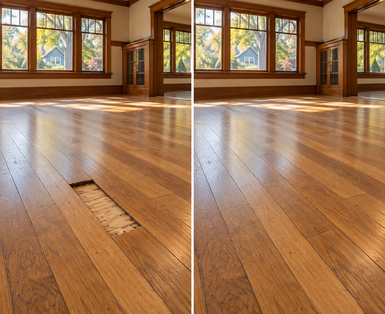 Before and after floor repair illustration for a Everett home