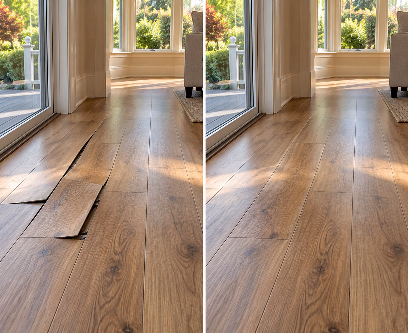 Before and after floor repair illustration for a Snohomish home